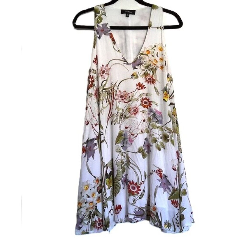 Aakaa Floral Mini Dress Sleeveless Trapeze Swing Rayon V Neck Lined EUC Sz S
